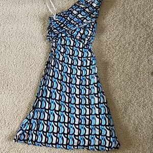 Plenty by Tracy Reese Blue and Black One-Shoulder A-Line Dress